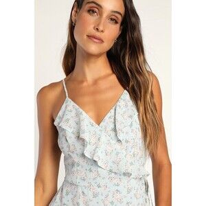 Lulus Dainty Delights Light Blue Floral Print Ruffled Wrap Midi Dress - Size S